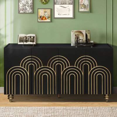 Modern Fluted Sideboard Buffet With Storage, Curve Element With Strict Lines, 4 Doors Storage Cabinet With Adjustable Shelves