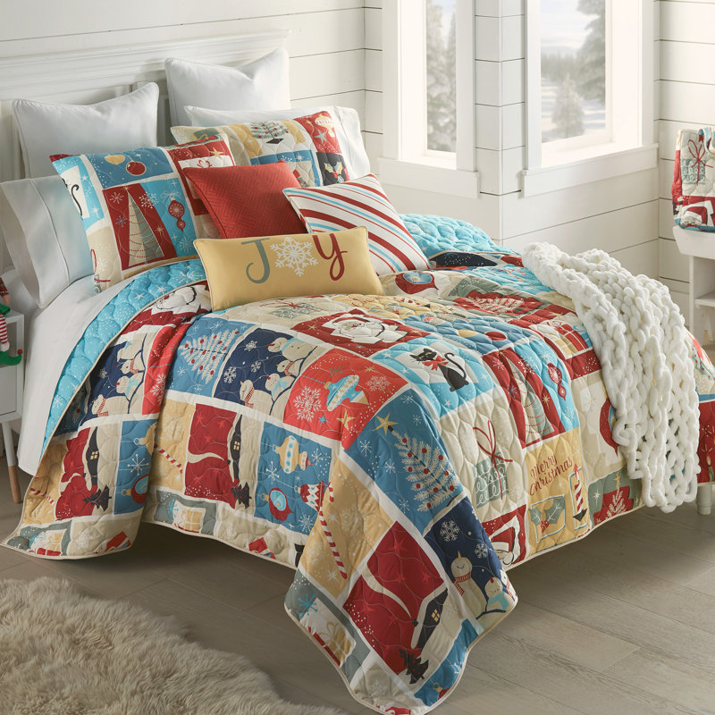 King Size Red and Multicolor Microfiber Reversible Quilt Set