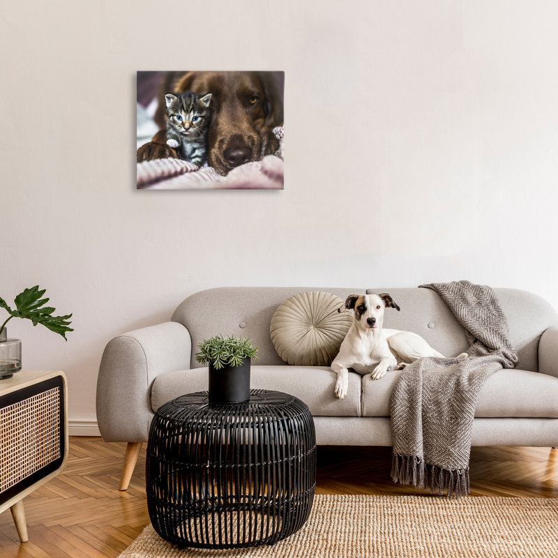 Chaton et chien se blottissant sur toile, par Natalie Grosse, H 24 po x l 30 po