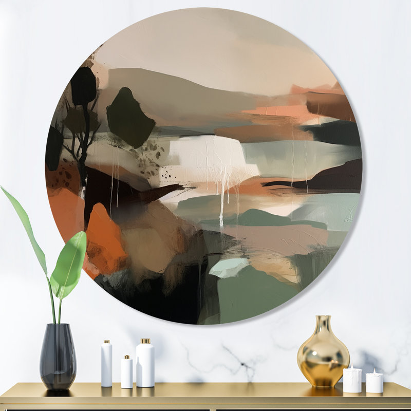 «Green and Beige Transcendant Reality I», peinture abstraite ronde sur métal, H 36 po x l 36 po x P 1 po