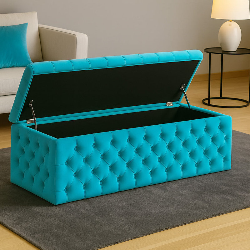 Lux Wide Velvet Chesterfield Rectangle Solid Color Standard Ottoman Box with Storage, 90cm W x 42cm D x 40cm H, Teal