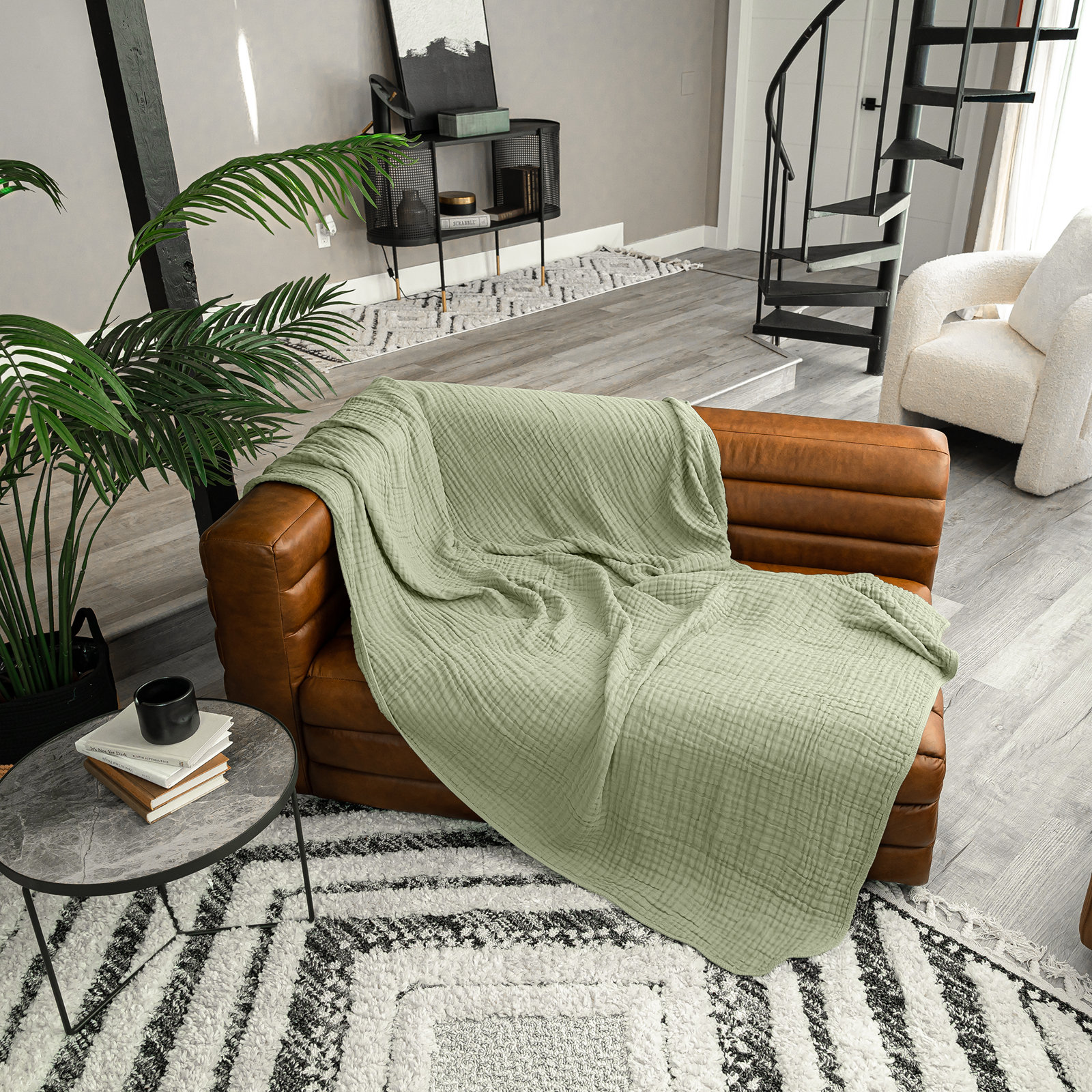 Karlina Cotton Muslin Throw Blanket, Sage, Throw