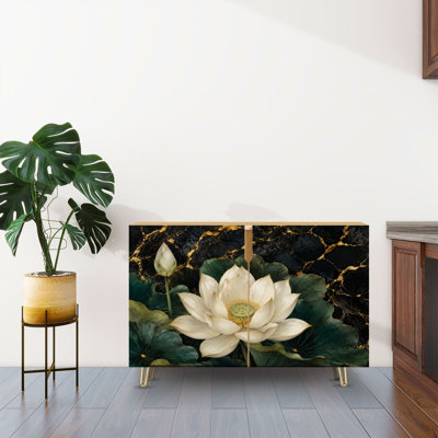 Buffet Buffet avec rangement Élégante fleur de lotus blanche à feuilles vertes et or noir avec 2 portes pour le salon et la cuisine