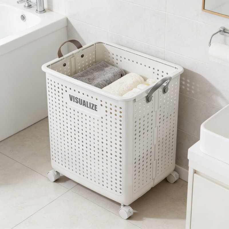 White,Foldable Laundry Hamper With Wheels, Breathable Mesh Design, Heavy-Duty PP Material, Space-Saving Collapsible Storage Basket For Home, Bathroom, And Laundry Room