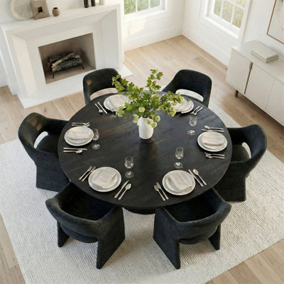 Ensemble de table de salle à manger pour 6 personnes avec table ronde et 6 chaises rembourrées en tissu