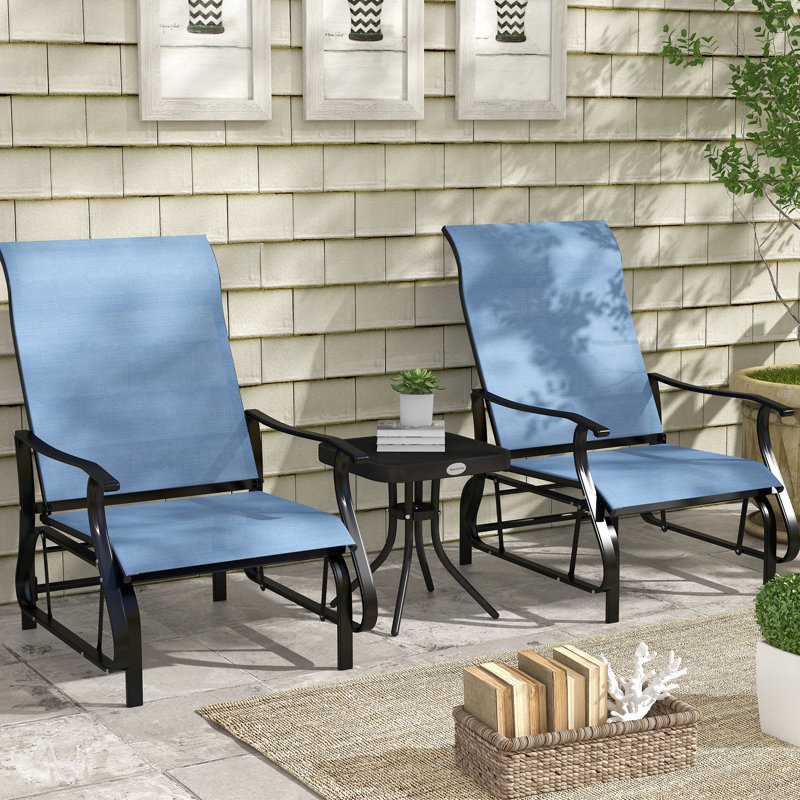 3 Outdoor Glider In Blue. Steel Frame And Tempered Glass Table For Patio, Garden, Backyard. Enjoy Smooth Glide. Comfortable With . Structure. 26.06"W X 30.5"D 38.27"H. Assembly Required Gliders