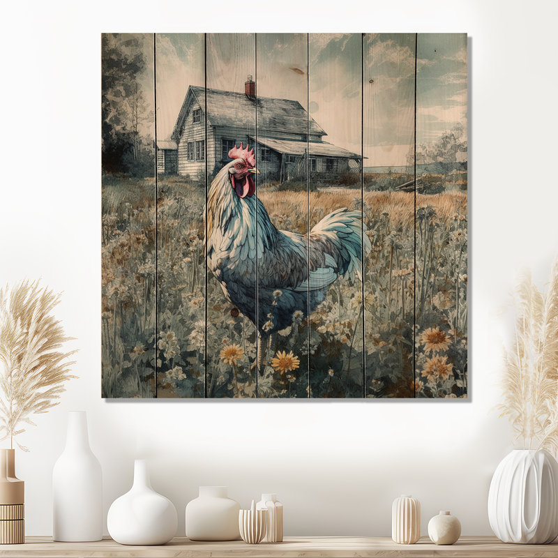 «Cestaric Rooster On A Farm I On», reproduction de bois, H 15 po x l 15 po x P 0,78 po