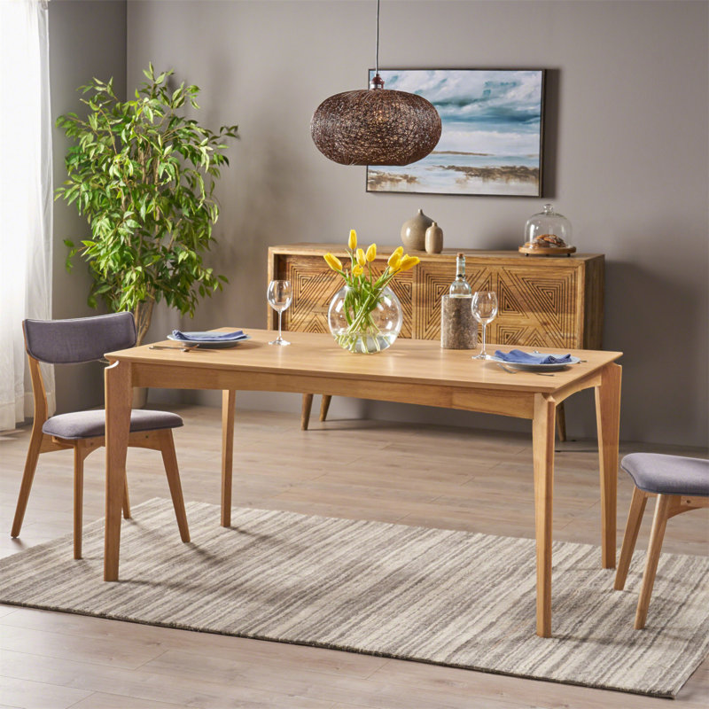 Table de salle à manger 6 places, bois d'hévéa avec placage de noyer, style Mid-Century
