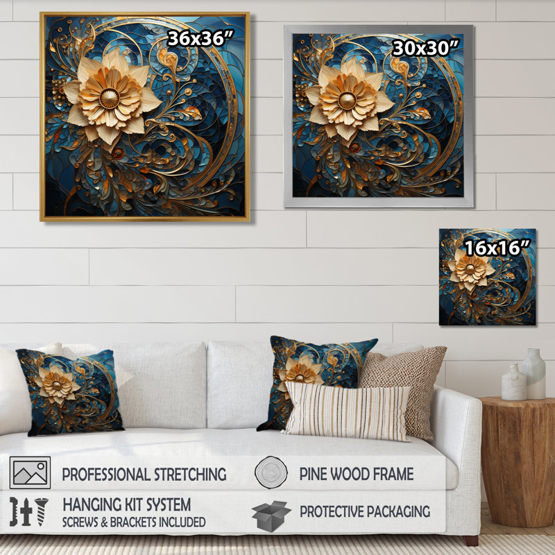 «Blooming Gold Flower Abstract Ornamental on Blue», impression d'art floral moderne, Toile tendue, H 30 po x l 30 po x P 1 po