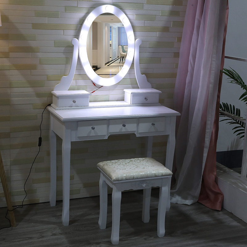 Ensemble de meuble-lavabo moderne avec miroir lumineux et tabouret rembourré avec table de maquillage et 5 tiroirs pour la chambre à coucher