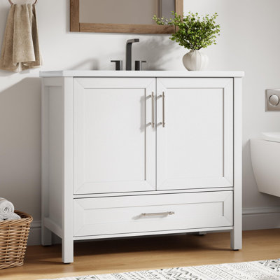 36" Bathroom Vanity with Ceramic Basin Storage Cabinet Drawer Soft Closing Doors Single Sink Integral Top for Bathroom