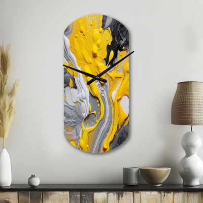 Jaune et gris Cosmic Vibations II - horloge murale asymétrique abstraite en métal, impression d'horloge murale moderne de forme unique