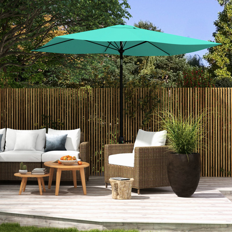 Parasol rectangulaire d'extérieur de 6,5 pi x 10 pi, protégé, facile à manivelle et inclinable, parasol de patio sarcelle 10 pi, filet de film de protection, inclinaison variable,