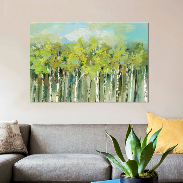 « avril tree tops », reproduction de peinture à l’acrylique sur toile tendue, H 40 po x l 60 po x P 1,5 po, Toile tendue