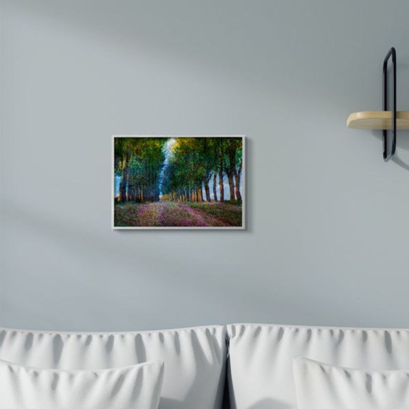 Gray Framed Canvas Landscape Print with Purple Floral Field, 14 x 11