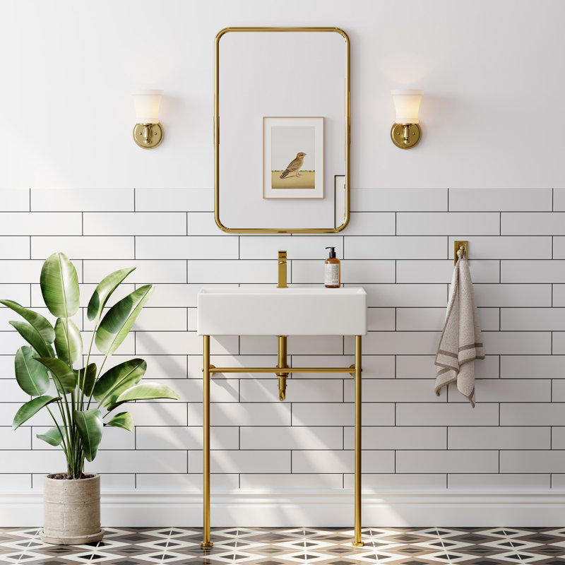 24 In. Ceramic White Rectangular Bathroom Console Sink With Legs And Overflow, White/Gold