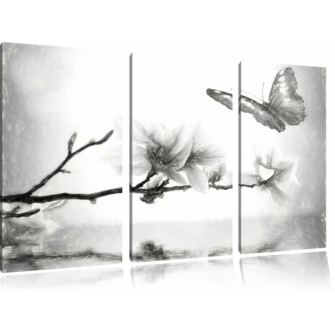 3-tlg. Leinwandbild-Set „Schmetterling mit Magnolien-Blüte“, Kunstdruck