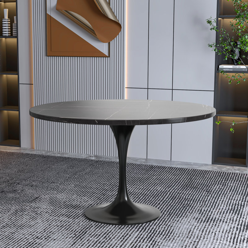 Heatherton Round Dining Table with Resin Top Kitchen Table and Black Stainless Steel Pedestal Base Seats 2-6 Person, 48" Wide
