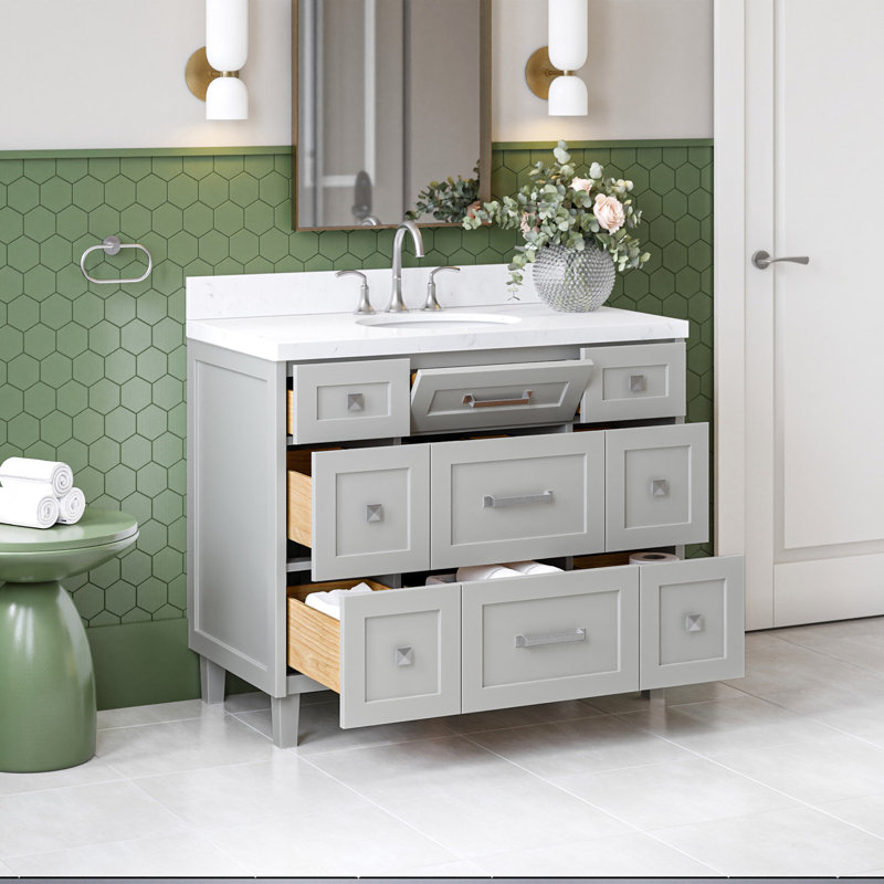 Ariel Monrow 42 Inch Single Oval Sink Bathroom Vanity With Carrara Quartz Countertop, Gray