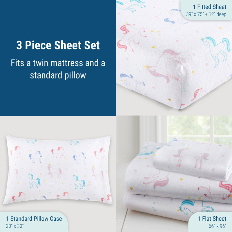 Ensemble de draps 100% flanelle Unicorn , Ensemble de draps pour lit simple + 1 drap-housse 