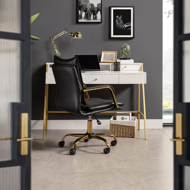Gedrie Modern Faux Leather Swivel Office Chair, Black, Gold