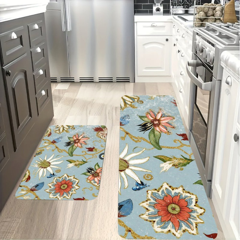 Ensemble de 2 tapis de cuisine rétro antidérapants à motif floral et bleu