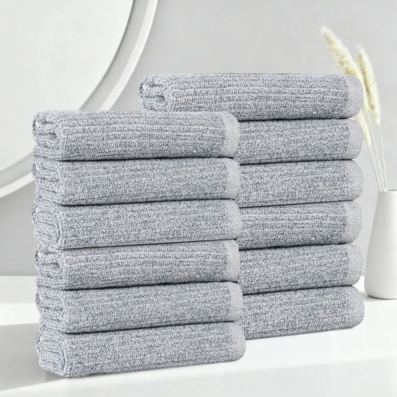 Viscose Cotton Blend Face Towel Set - Textured Ribbed Design - Quick-Dry, Denim Blue