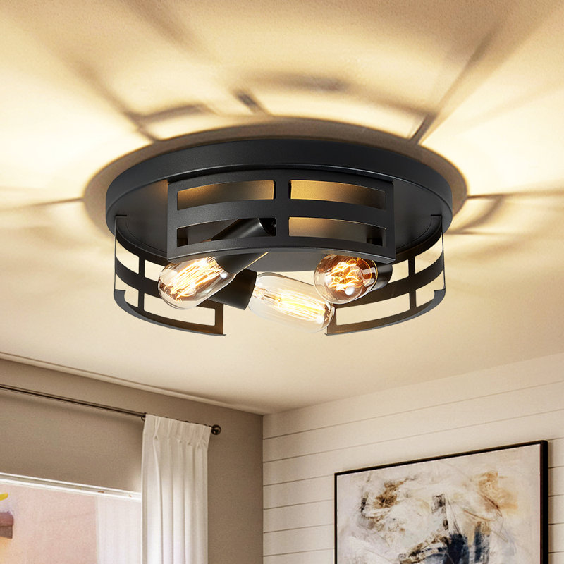 2-Pack 12.6" 3-Light Black Industrial Flush Mount Ceiling Light, Farmhouse Cage Fixture for Kitchen, Hallway & Entryway