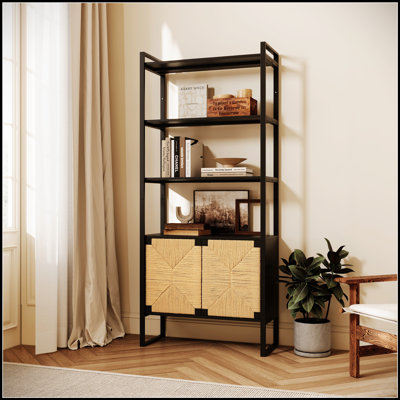 Étagère de rangement à porte d'armoire en rotin naturel, étagère ouverte à double fonction avec armoire fermée pour le salon, le vestibule et la chambre à coucher