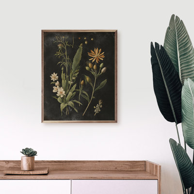 Imprimé floral rétro crème noir encadré sur bois