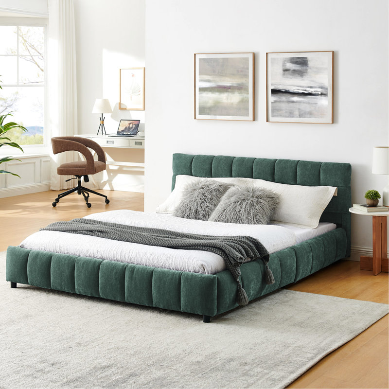 Lit tapissier bleu et grand lit - Confortable avec plateau de rangement pour tête de lit, Bleu et vert