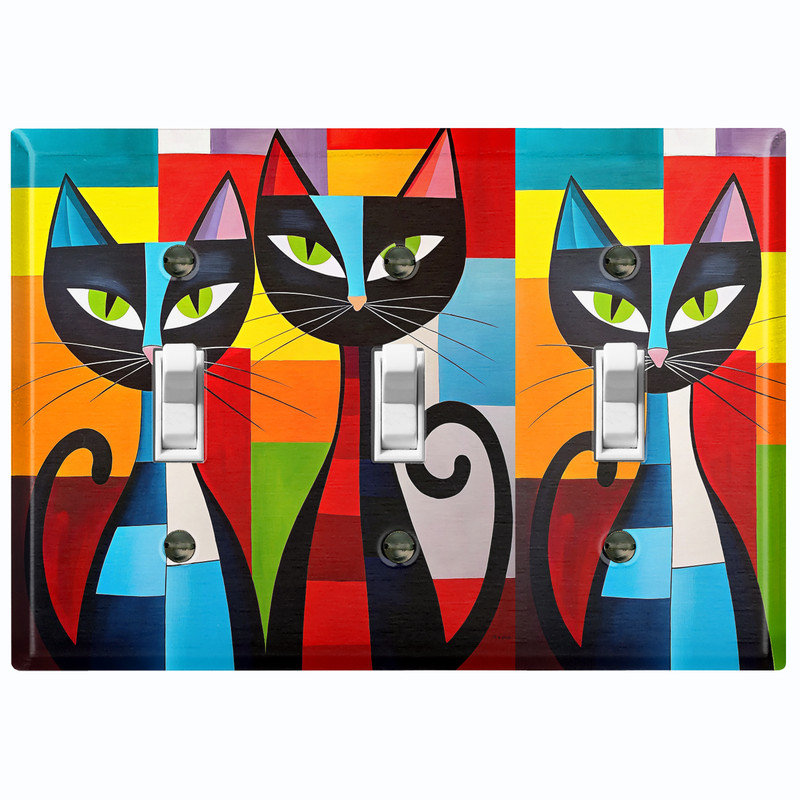Couvercle de plaque d'interrupteur en métal; Bascule standard à 3 bandes US - chats abstraits, Triple # 3