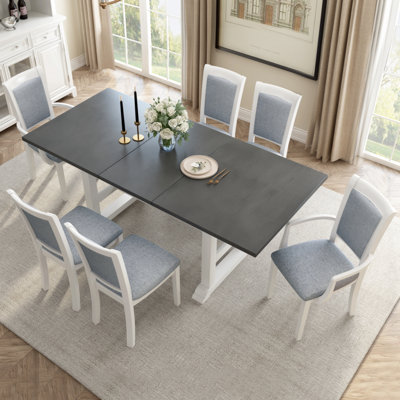 7-Piece Updated 76.9Inch Extendable Trestle Dining Table Set With Removable Leaf, Kitchen Table Set With Upholstered Side Chair And Arm Chair, Set Of -  Lark Manorâ¢, 1342EC82FC7A460B99B62480181179AD