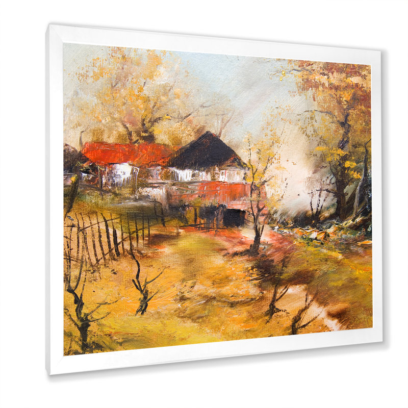 Paysage d'automne avec ferme - décoration murale en toile de ferme, H 36 po x l 36 po x P 1,5 po, Cadre photo blanc