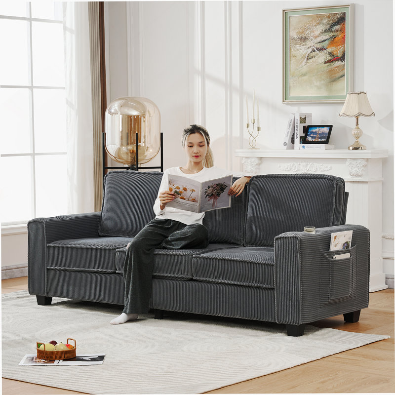 Canapé en velours côtelé 84,25 pouces Demagu avec rangement innovant et coussins haute densité, Gris