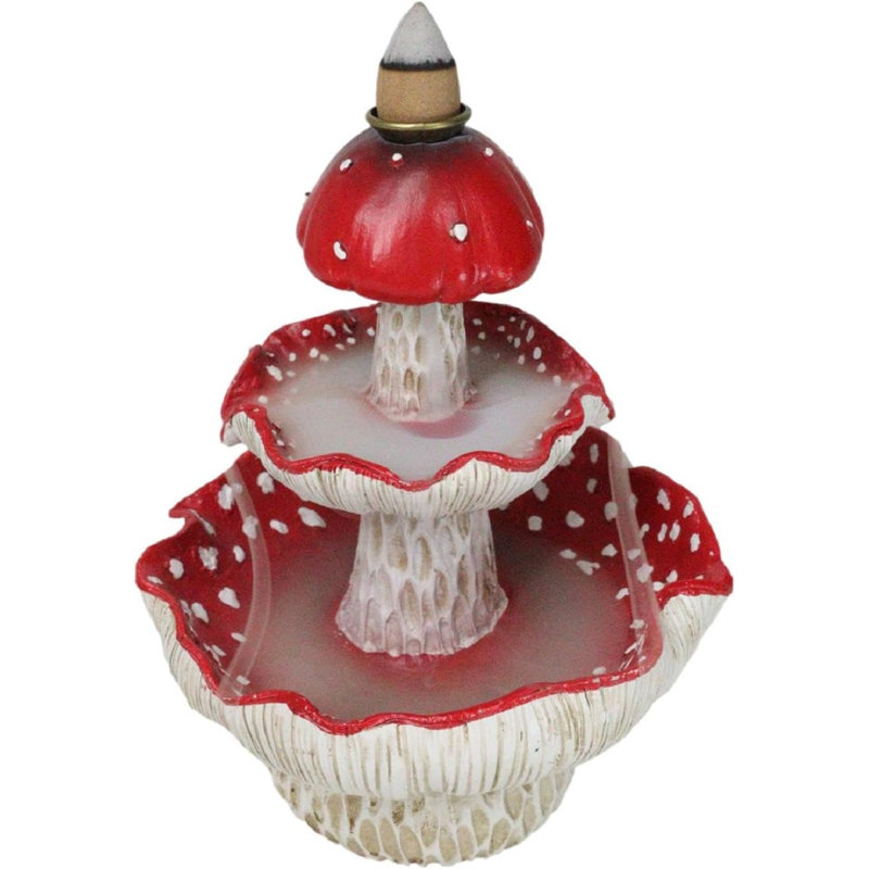 Enchanted Fairy Garden Red 3 Tiered Toadstool Mushrooms Backflow Incense Burner