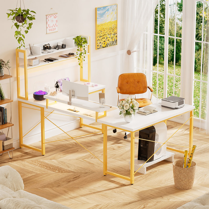 Bureau d'ordinateur en U avec rehausse l 74,48 po Kanisha, Blanc / doré