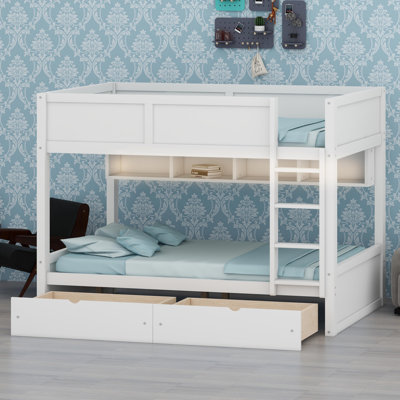 Lit superposé moderne avec lumières DEL intégrées, tablettes de rangement multicouches et tiroirs sous le lit