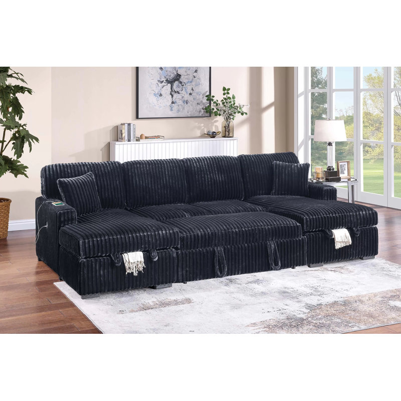 Canapé modulaire convertible 3 pièces Madelina, Velours côtelé noir