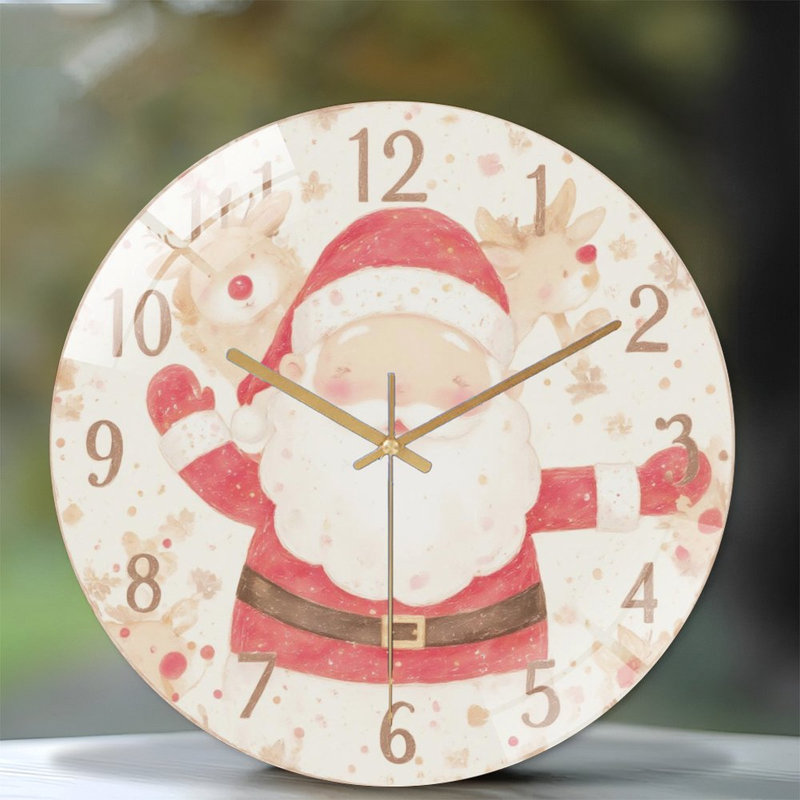 Christmas-Clock-With-Santa-Reindeer Art - 12'' Modern Glass Wall Clock