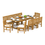 10 Seats 11 Pcs Grade-A Teak Wood Dining Set: 94" Double Extension Mas Rectangle Trestle Leg  Table And 10 Devon Chairs (2 Arm & 8 Armless Chairs) #11DV2102