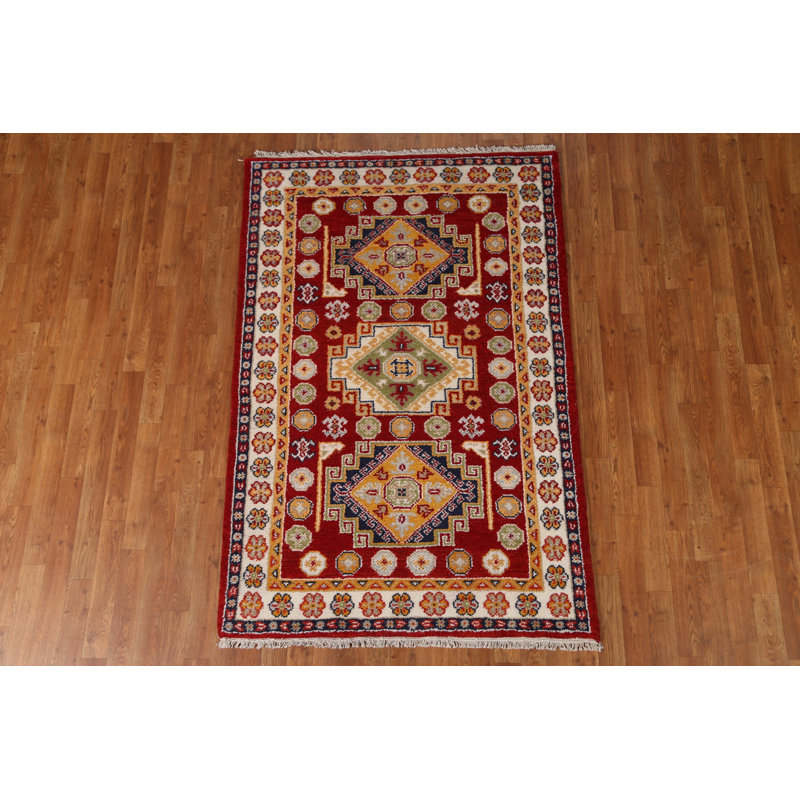 Tapis rouge Kazak en laine rouge noué à la main