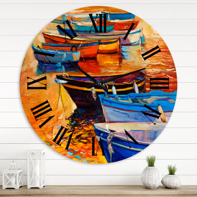 Boats In The Harbor During Warm Colourd Sunset I - Nautical & Coastal wall clock