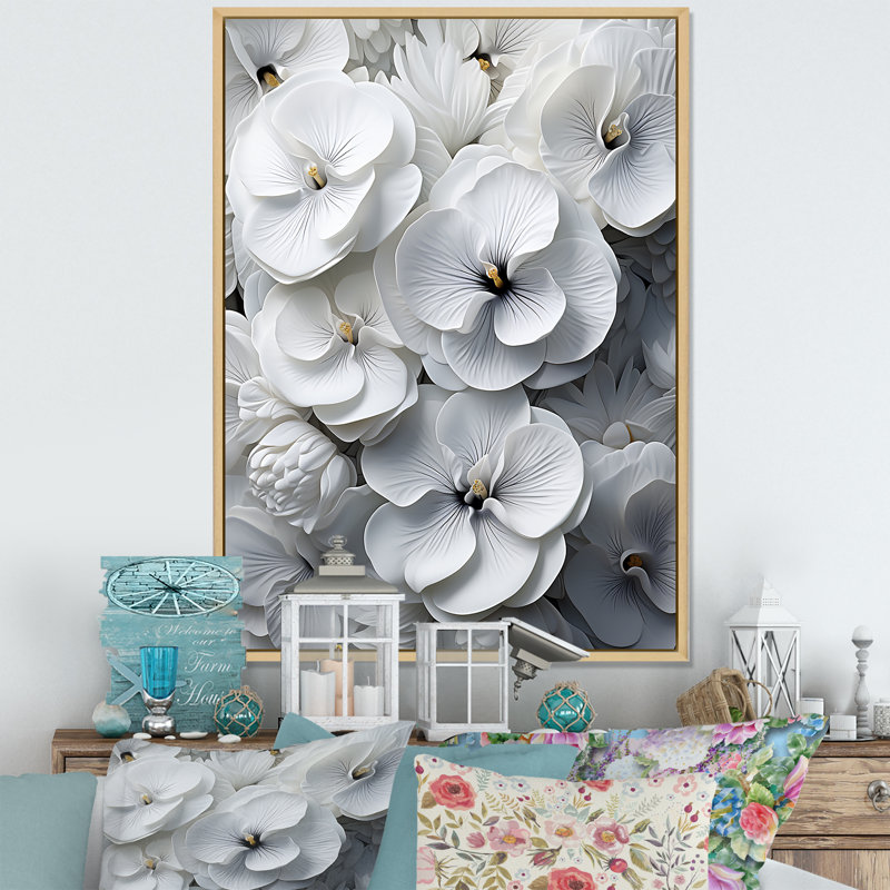 " White Pansies Elegance ", Natural Floater Framed, 32" H x 24" W x 1" D