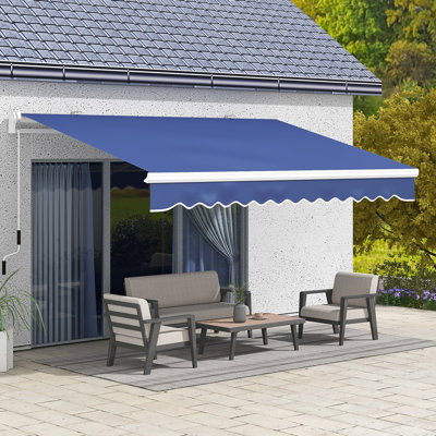 Auvent de jardin rétractable bleu foncé 13 pi x 8 pi. Et eau. Cadre en aluminium avec manivelle lisse. Réduit la chaleur. Convient à diverses surfaces. Pont, patio, balcon, toile d'eau, manivelle, cadre,