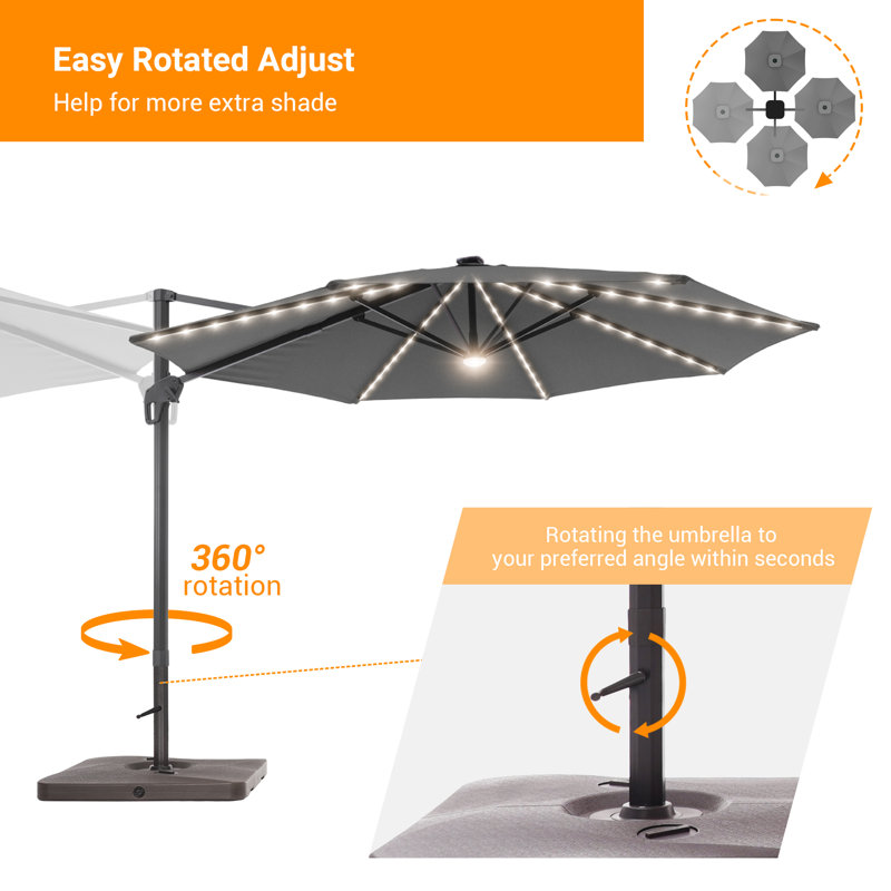 Parasol lumineux en porte-à-faux lumineux de 132 po Quiteri, Gris