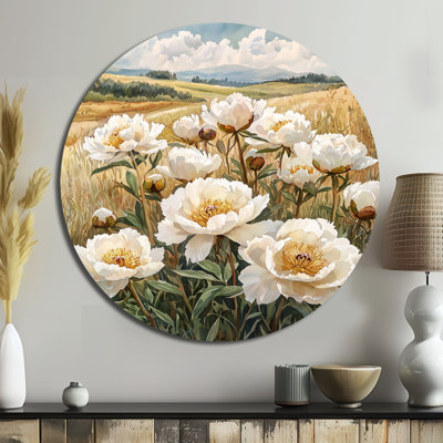 Pivoines le long de la campagne I - décoration murale ronde en métal pivoines