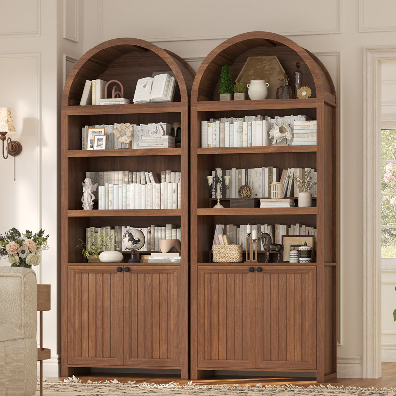 81" Tall Arched Cabinets, Bookcase with Storage, Brown, Brown