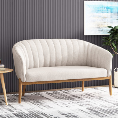 Tissu beige de style Mid-Century moderne, coutures en canal, pieds en bois d'hévéa brun, point d'assemblage requis, pieds inclus