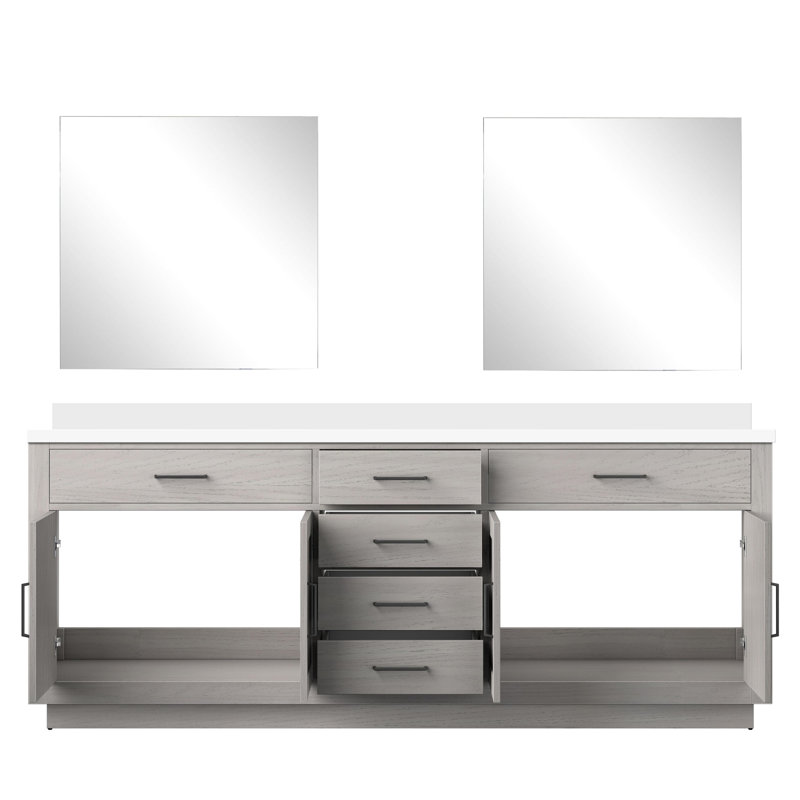 84 po L x P 22 po. Meuble-lavabo double en chêne blanc avec comptoir en marbre de culture et 34 miroirs, fermeture en douceur, panneaux de cadre en bois massif de chêne, comptoir